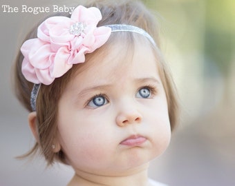 Pink Silver Gray Glitter Headband - Baby Headband -  Silver Metal Tone Rhinestone Center - Newborn Infant Baby Toddler Girls Adult Wedding