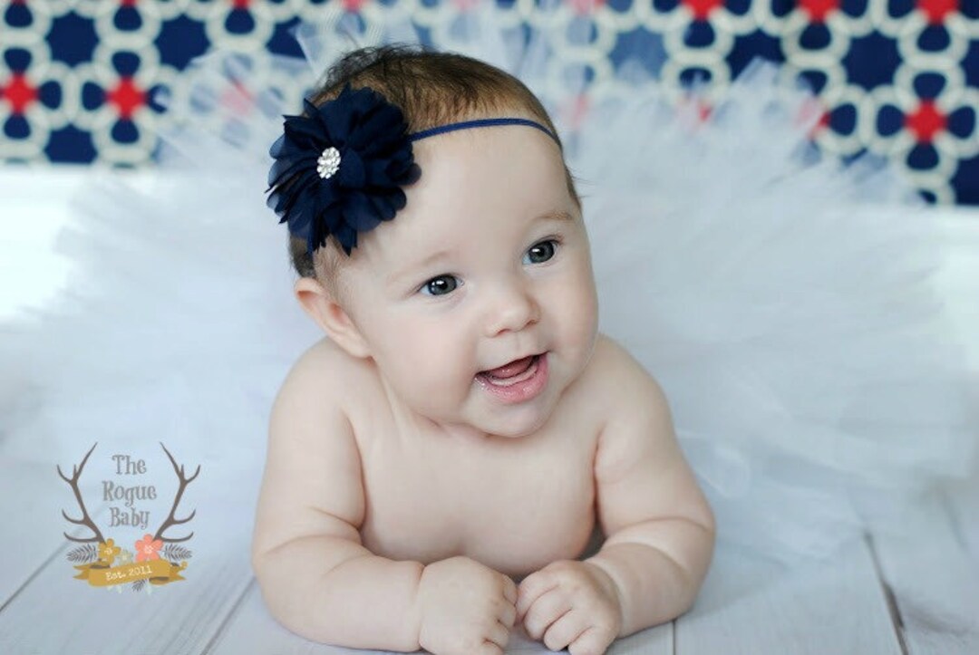 Newborn Baby Petite Headband. Navy Blue With Rhinestone Preemie. Baby's