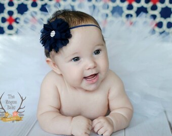 Newborn Baby Petite Headband. Navy Blue with Rhinestone Preemie. Baby's First Photos