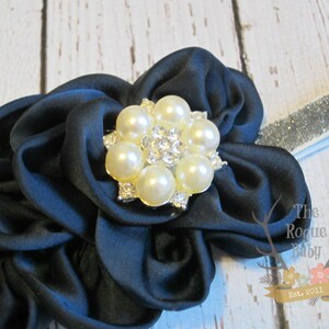 Navy Blue & Silver Headband Pearl Rhinestone Center Newborn Infant Baby Toddler Girls Adult Wedding image 2