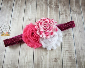 Headband - Pink White Hearts - Glitter - Newborn Infant Baby Toddler Girls - Pretty in Pink - Sweetheart - Baby Girl