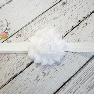 White Baby Headband - Soft Elastic with Shabby Chiffon Rosette - Newborn Baby Infant- Photo Prop