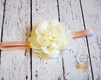 Cream Chiffon Rose Flower & Peach Elastic Headband - Ivory Baby Wedding Flower Girl Photo Prop - Newborn Girls Adult Chiffon