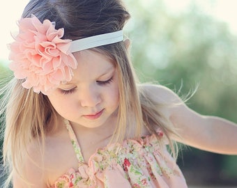 Peach and Ivory Large Flower Headband - Flower Girl Newborn Baby Infant Toddler - Wedding Lace Chiffon Flower peachy pink Over the Top Huge