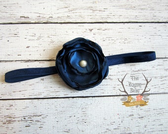 Navy Blue Satin Flower Headband with Antique Pearl -   Baby Infant Toddlers Flower Girl Women