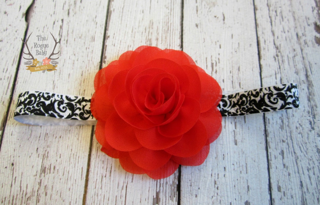 Red Rose Flower Headband With Black & White Damask Elastic - Baby ...