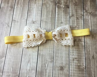 Cream Crocheted Lace Bow with mustard yellow Headband - Newborn Infant Baby Toddler Girls Wedding Flower Girl