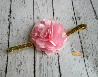 Baby Pink Satin & Gold Glitter Headband - Photo Prop -  Baby Infant Toddlers Girls Women - Pink Gold - Girls - Metallic Gold - Pastel Pink