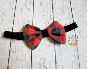 Buffalo Plaid Headband with Black Velvet Elastic - Red Black Flannel Fabric Hair Bow