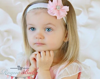 Light Pink Chiffon Flower & White Glitter Headband -  Photo Prop - Newborn Infant Baby Toddler Girls Adult Chiffon Flower