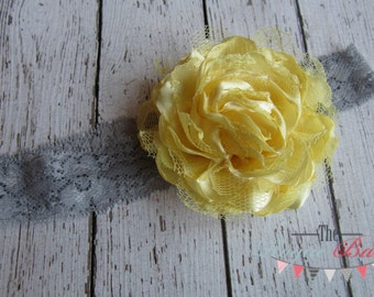 Gray & Yellow Headband - Satin and Lace - Newborn -Toddler  - Photo Prop Flower Girl Womens Lace Stretch Elastic Grey