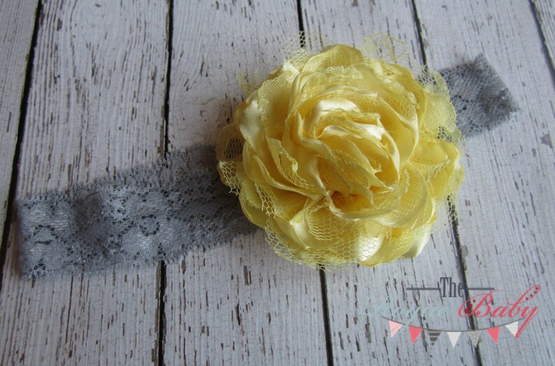 Gray & Yellow Headband Satin and Lace Newborn Toddler Photo Prop Flower Girl Womens Lace Stretch Elastic Grey image 1