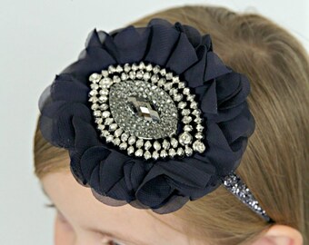 Navy Blue Headband - Flower Girl Headband - Bridal - Gatsby - Crystal -  Pageant - Bling - Glitter - Roaring 20s - Flapper - Wedding
