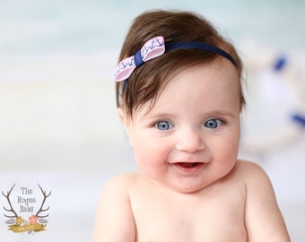 Pink & Navy Blue Anchor Nautical Headband  - Newborn Infant Baby Toddler Girls Preemie