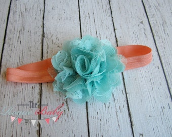 Coral & Aqua Headband - Chiffon Lace - Photo Prop - Newborn Infant Toddler Girls Adult Wedding Pastel Light Aqua Baby Headband