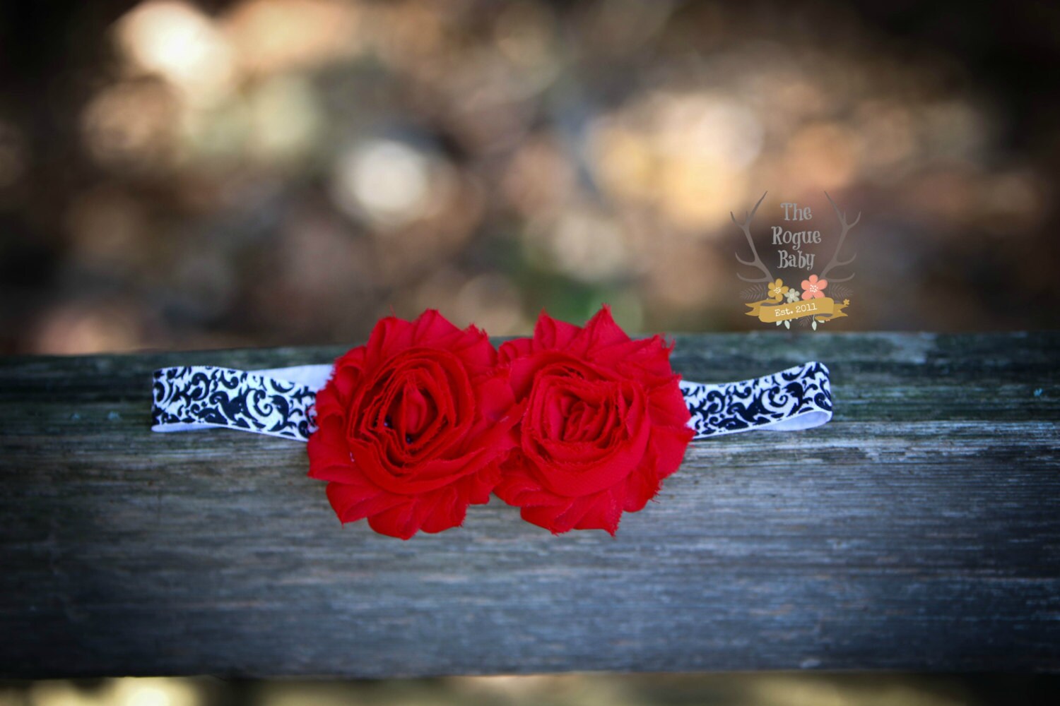 Black & White Damask Headband With Red Shabby Chiffon Flowers - Baby ...