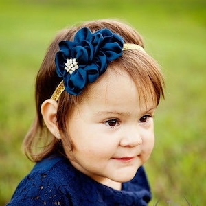 Navy Blue & Gold Glitter Headband -  Gold Metal Tone Rhinestone Center - Newborn Infant Baby Toddler Girls Adult Wedding