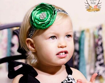 Emerald Green & Black White Damask Headband - Satin Flower with Rhinestones -  Baby Infant Toddlers Girls Women Flower Girl Wedding