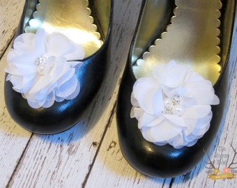 White Chiffon Flower Shoe Clips. Wedding Bride Bridesmaid Flower Girl Pearl Rhinestone