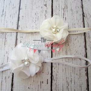 Newborn Baby Petite Headband. Photo Prop Ivory or White with Rhinestones & Pearls Preemie Baptism Wedding image 4