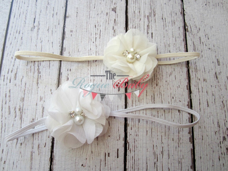 Newborn Baby Petite Headband. Photo Prop Ivory or White with Rhinestones & Pearls Preemie Baptism Wedding image 4