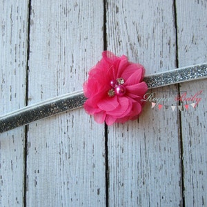 Petite Headband. Perfect for Newborn / Preemie Hot Pink with Silver Glitter Rhinestones & Pearls Wedding Birthday image 1