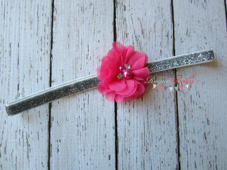 Petite Headband. Perfect for Newborn / Preemie Hot Pink with Silver Glitter Rhinestones & Pearls Wedding Birthday image 1