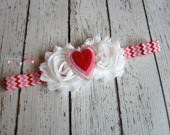 Sweetheart Headband - Red Pink White Chevron with Felt Heart - Baby Girl Child Valentine's Day Love