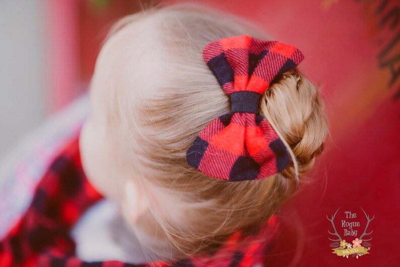 Buffalo Plaid Bow Blue & Black Flannel Fabric Hair Bow Clip image 3