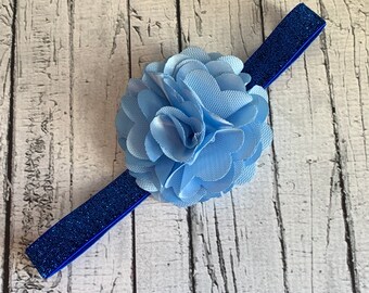 Royal Blue Glitter Headband with Satin & Tulle Cornflower Blue Flower