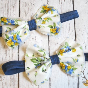 Navy Floral Fabric Bow Headband Navy Yellow White Blue Floral Newborn Infant Baby Toddler Girls image 4