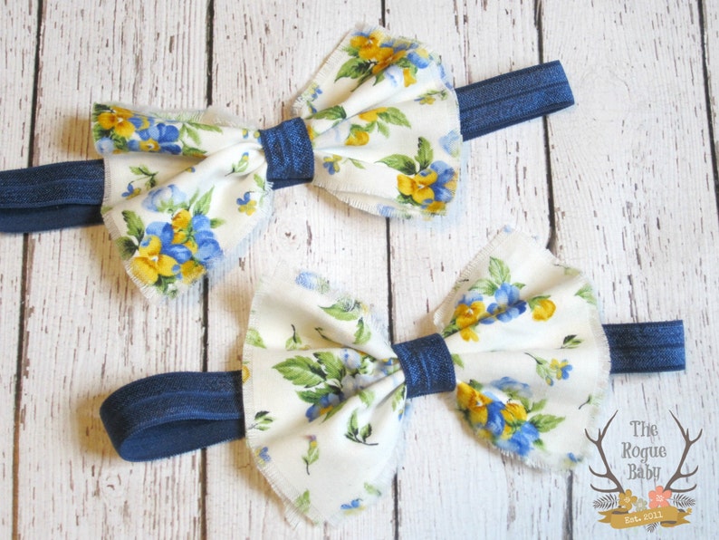 Navy Floral Fabric Bow Headband Navy Yellow White Blue Floral Newborn Infant Baby Toddler Girls image 4
