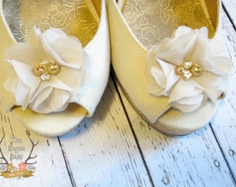 Pale Tan / Dark Cream Chiffon Flower Shoe Clips. Wedding Bride Bridesmaid Flower Girl Pearl Rhinestone Bridal