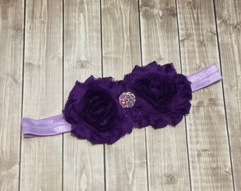 Dark Purple Baby Headband Glitter Druzy - Satin Elastic with Chiffon Rosette - Newborn Baby Infant- Photo Prop