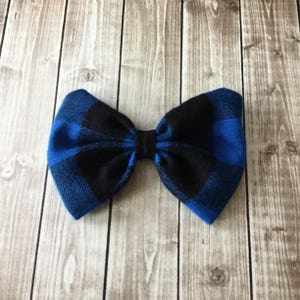 Buffalo Plaid Bow Blue & Black Flannel Fabric Hair Bow Clip image 4