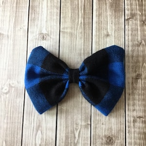 Buffalo Plaid Bow Blue & Black Flannel Fabric Hair Bow Clip image 1