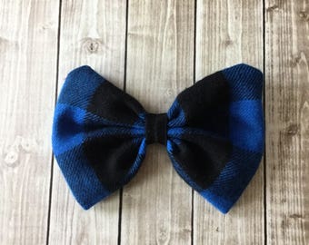 Buffalo Plaid Bow - Blue & Black Flannel Fabric Hair Bow Clip