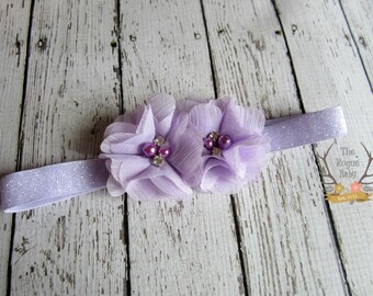 Lavender Headband  - Glitter -  Light Purple - Lilac - Baby  - Flower Girl - Orchid - Baby Headband - Rhinestones - Pearls - Photo Prop