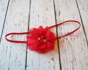 Baby Headband - Red Chiffon Flower - Newborn Preemie Petite - Ruby Red with Rhinestones & Pearls Preemie