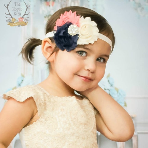 Navy Coral and Cream/ivory Headband With Pearl Rhinestone Etsy