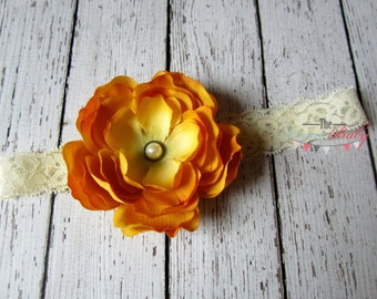 Cream Lace  & Golden Yellow Headband - Ranunculus with Antique Pearl - Fall Wedding Back to School Baby Girl Toddler Mustard Yellow