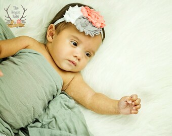 Gray Coral & White Headband - Baby Headband - Flower Girl - Wedding - Baby Newborn - Photo Prop - Grey Coral Peach White
