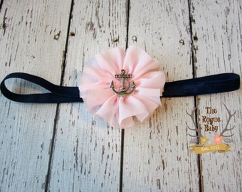 Nautical Anchor Headband -  Light Pink & Navy Blue  - Newborn Infant Baby Toddler Girls Adult