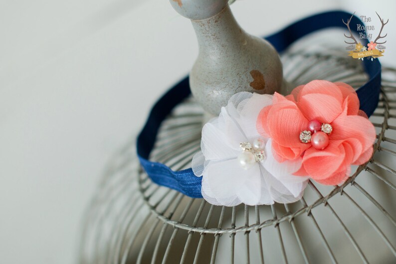 Navy Coral and White Headband with Pearl Rhinestone Center Etsy