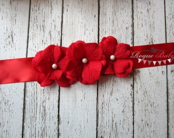 Red Hydrangea Flower Sash with Pearls- Baby Toddler Flower Girl Bridal Wedding