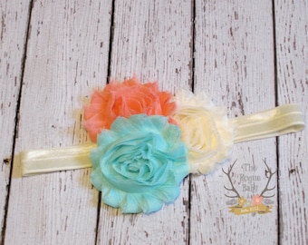 Aqua Coral Cream Ivory Baby Headband- Newborn Infant Baby Toddler Girls Adult Wedding Flower Girl