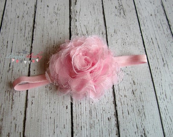 Baby Pink Headband - Lace & Chiffon - Newborn Infant Baby Toddler Girls Adult Flower Girl Wedding