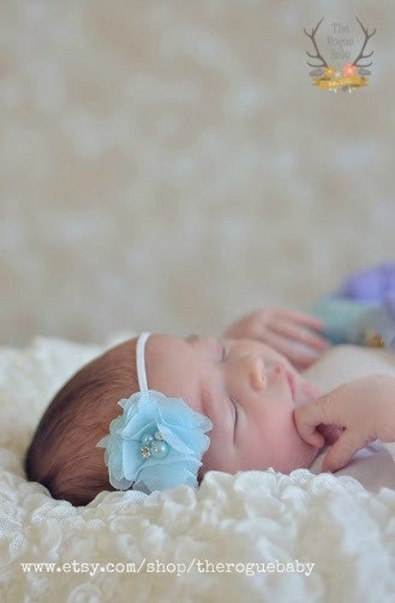 Newborn Baby Petite Headband. Photo Prop Ice Light Blue with White Rhinestones & Pearls Preemie Baptism Wedding image 2