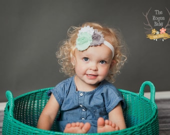 Mint Green White & Gray Headband - Newborn Infant Baby Toddler Girls Adult Wedding Spring New Baby