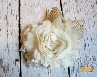 Rustic Wedding Hair Clip - Burlap Lace & Chiffon - Alligator Clip - Wedding  Ivory cream